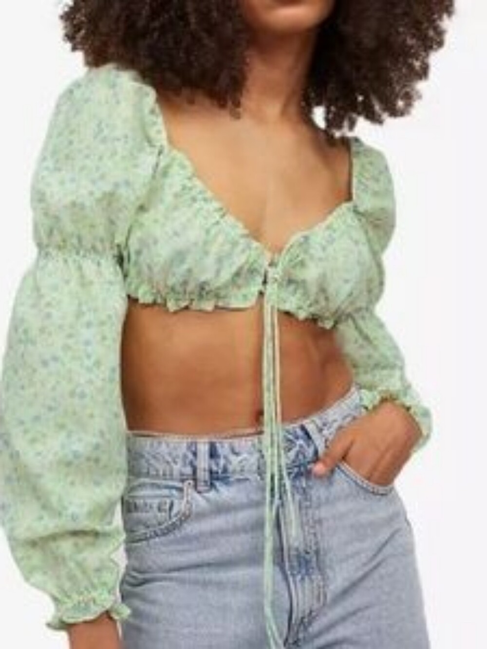 H&M Divided Floral Long Sleeve Crop Top Green Medium Cottagecore Milkmaid